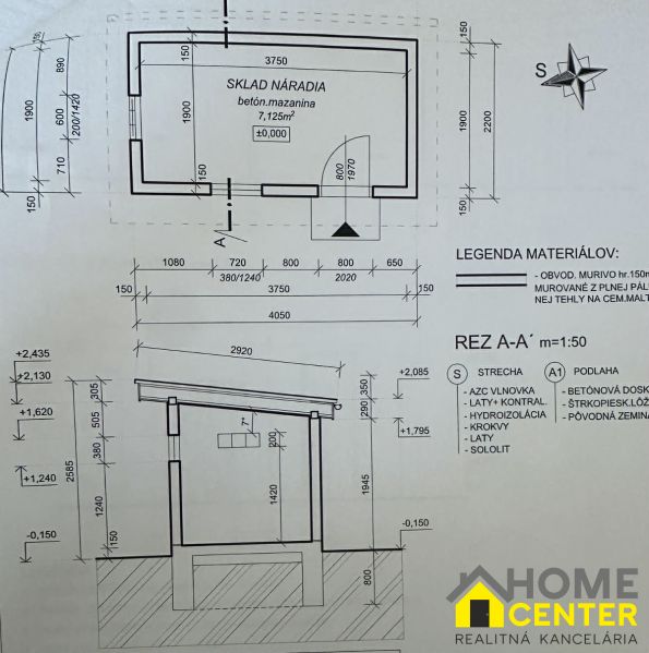 Floor plan and section of the tool shed with dimensions and materials, Gardens.
