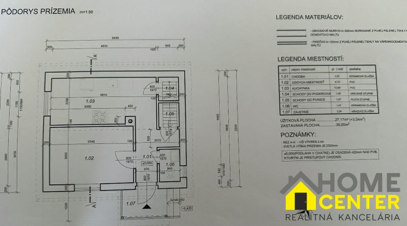Ground floor plan of the house at Záhrady with a legend of rooms and materials.