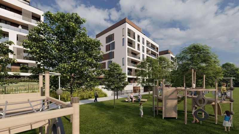 Modern architecture with a playground in front of a 4-room apartment on Suchoňova Street, Poprad.