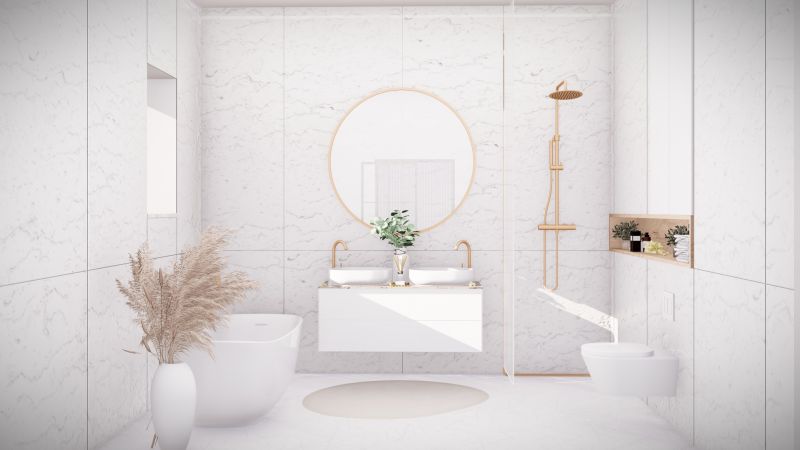 Luxury bathroom with a bathtub and double sink, white marble in a 4-room apartment.