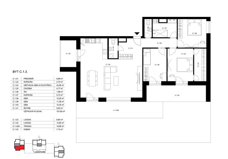 Interior plan of a 4-room apartment with a living room, kitchen, and two bathrooms.
