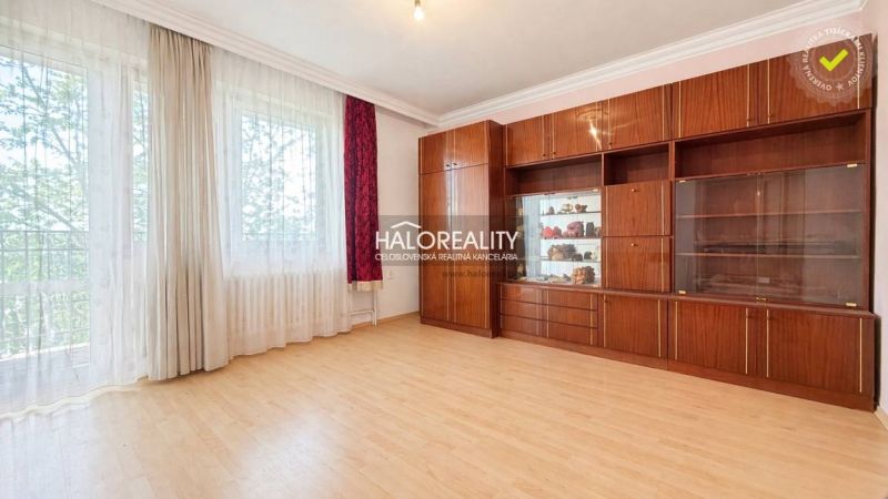 Living room with wood-patterned flooring, a cabinet, and large windows in a family house.