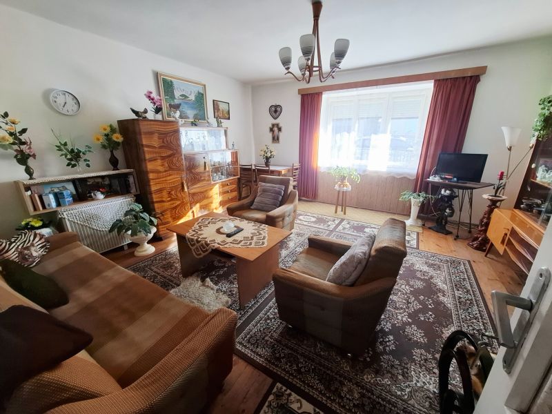 Living room in a family house with a sofa set, carpet, and wooden decor.