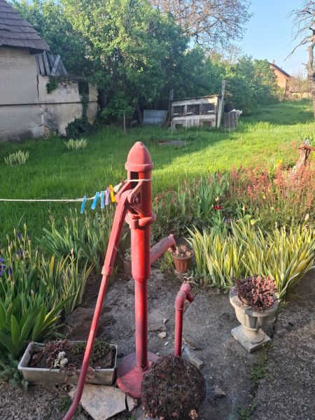 A garden at a family house in Tvrdošovce with a red pump and greenery around.