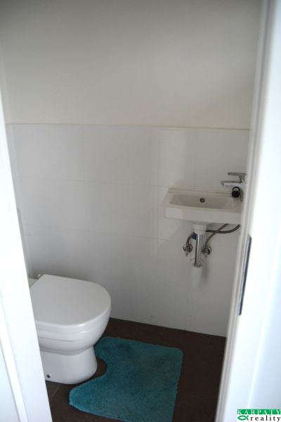 Bathroom with toilet and sink in a family house.