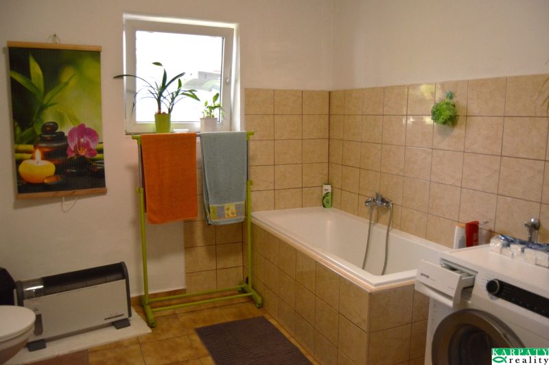 A bathroom with a bathtub, tiles, a washing machine, and houseplants in a family house.
