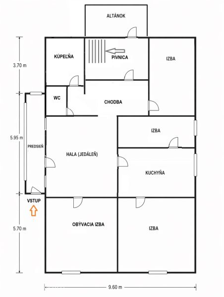 Floor plan of a family house in Orechová Potôň with multiple rooms and a basement.