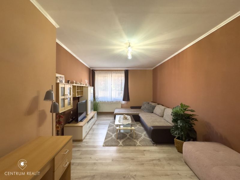 Living room in a family house with comfortable seating and wood-patterned flooring.