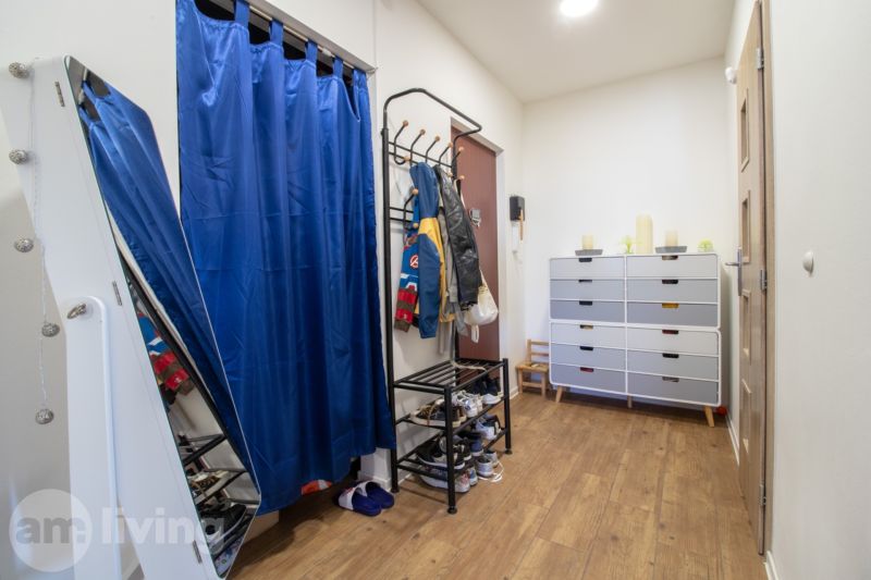 Entrance hall with a coat rack, blue curtain, and wood-patterned flooring in a 2-room apartment.