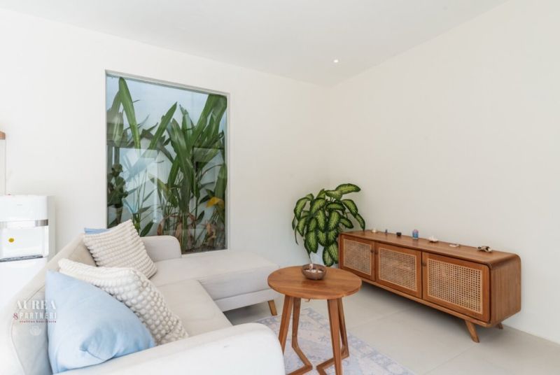 Living room in a villa with a sofa, wooden cabinet, and a plant.