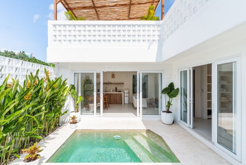 Bali Villa: Entrance to the terrace with a pool, sliding doors, plants in pots.
