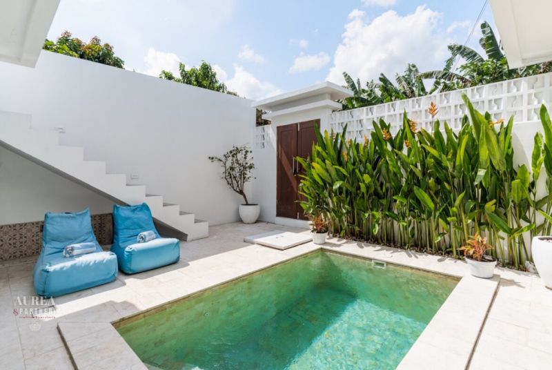 A villa in Bali with a private pool, loungers, and greenery in an intimate courtyard.
