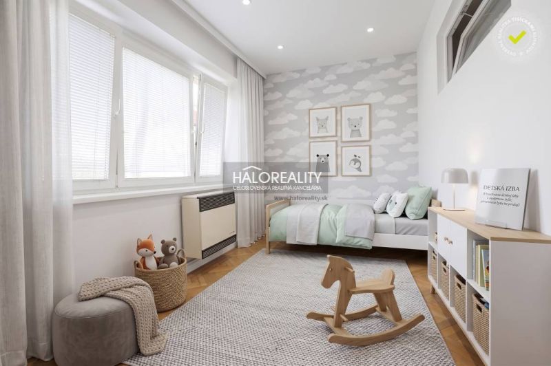 Children's room in a 3-room apartment with a decorative wall and a wooden decor floor.