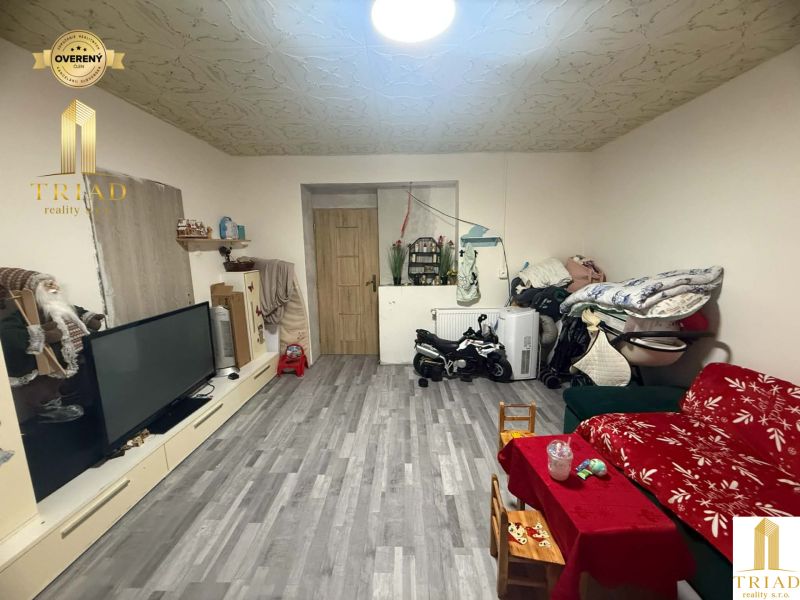 Living room in a family house with a wooden decor floor and a television.