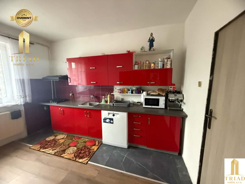 A kitchen in a family house with bright red cabinets and a decorative floor.
