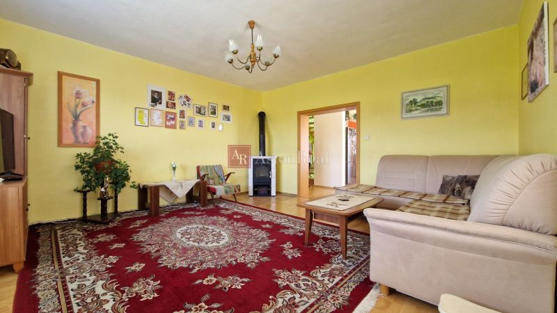 Living room with a beige sofa, red carpet, and wood-patterned flooring in a family house.