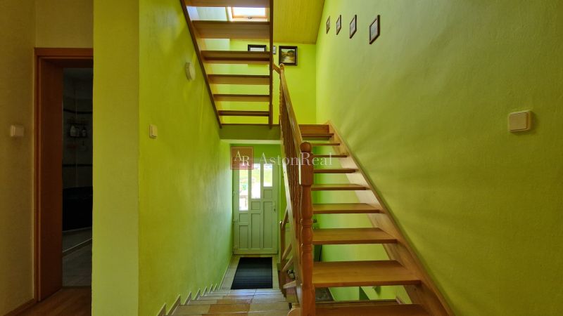 A staircase in a family house with wooden steps, green walls, entrance door.