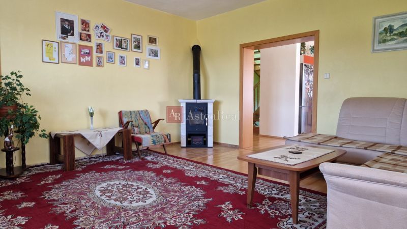 Living room of a family house with a fireplace, wooden decor flooring, and a carpet.