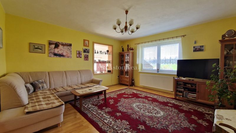 Living room in a family house with a comfortable sofa and a decorative carpet.