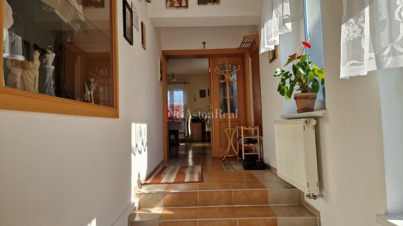 A hallway in a family house with steps, a radiator, and a plant on the windowsill.