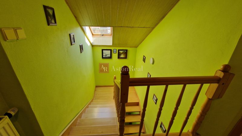 A staircase with wooden railing and green walls in a family house.