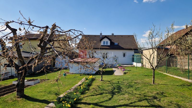 A garden at a family house in Spišský Štvrtok with blooming trees and a lawn.