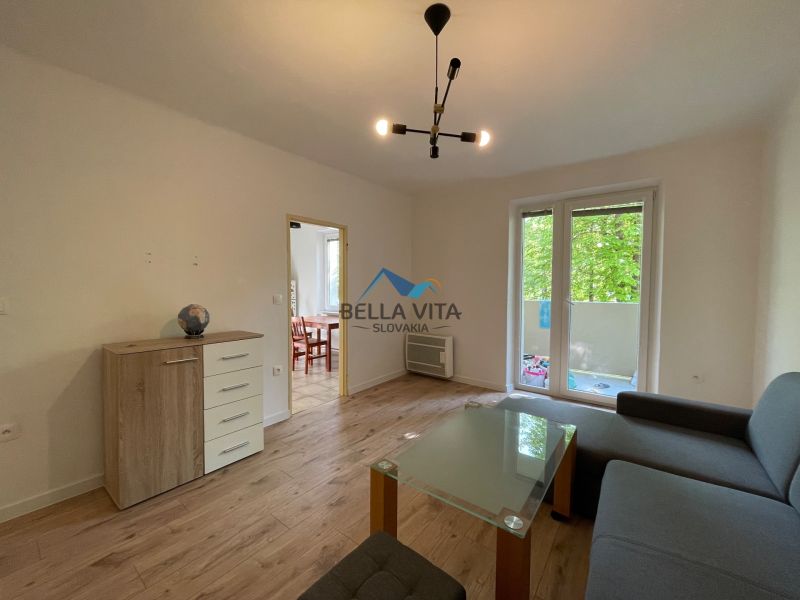 2-room apartment with wood-patterned flooring, a sofa, and a glass coffee table.