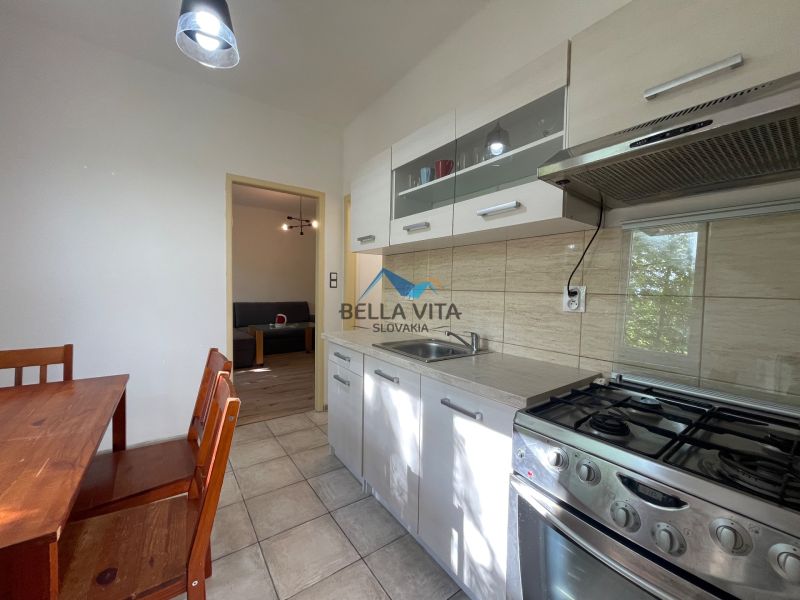 A kitchen with a dining table, a cooktop, and a view into the living room in a 2-room apartment.