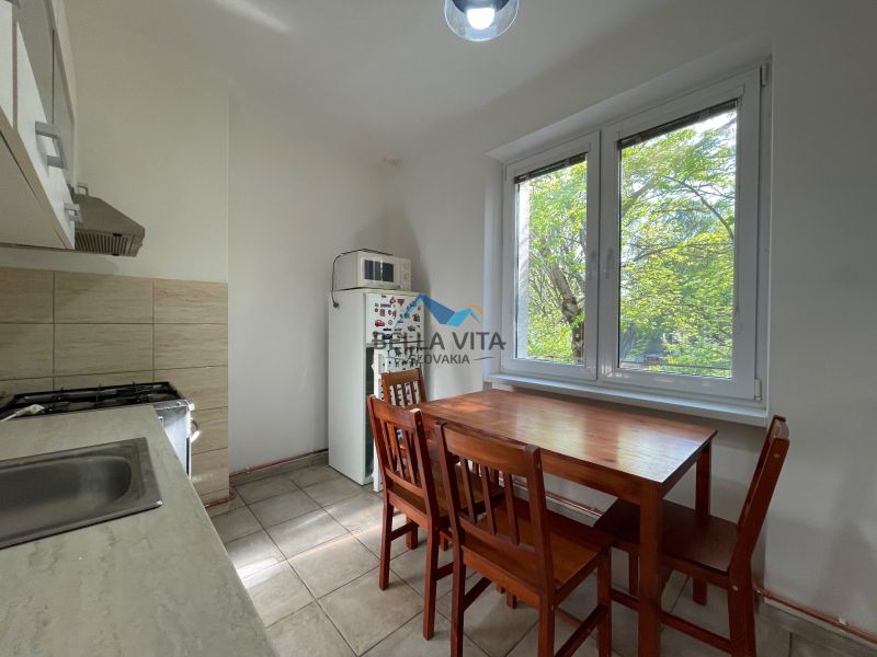 A kitchen in a 2-room apartment with a dining table and a view of greenery.
