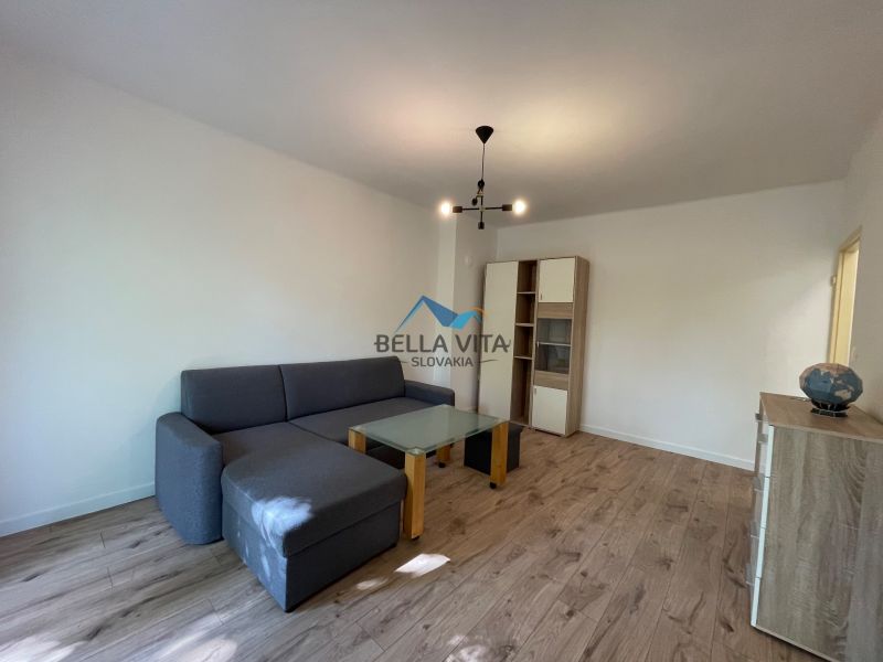 Living room in a two-room apartment with a sofa, table, and wooden decor flooring.