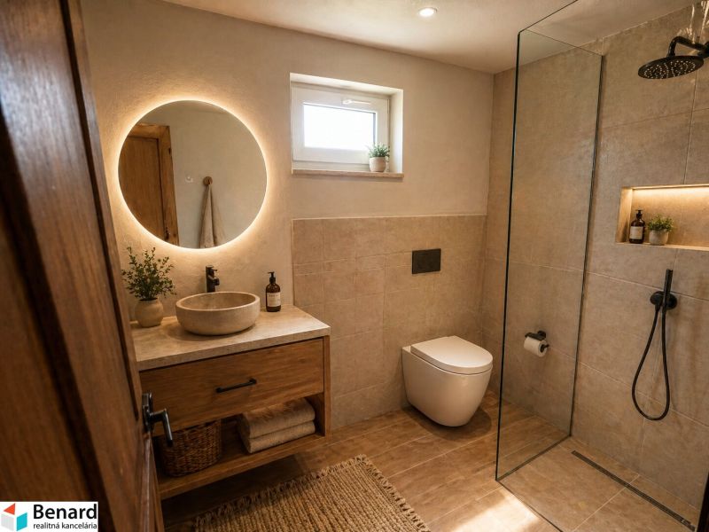A bathroom in a family house with an illuminated mirror and a wooden decor floor.