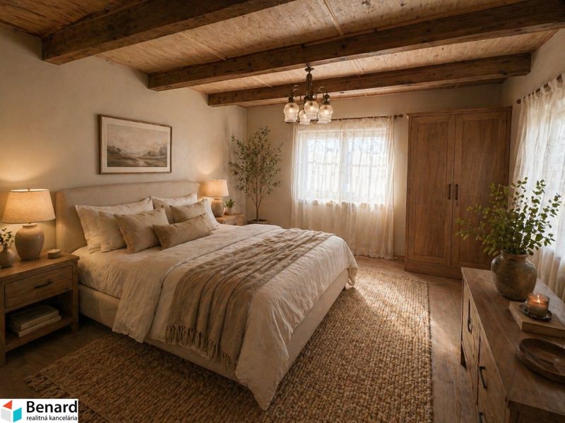 A bedroom in a family house with a wooden decor floor and rustic furniture.