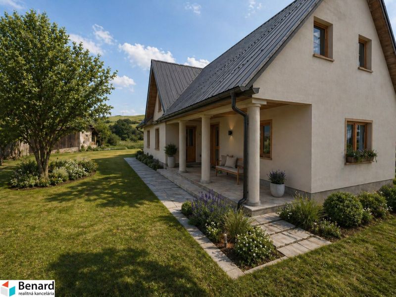A family house in Vislanka surrounded by a garden and trees, with a sloped roof.