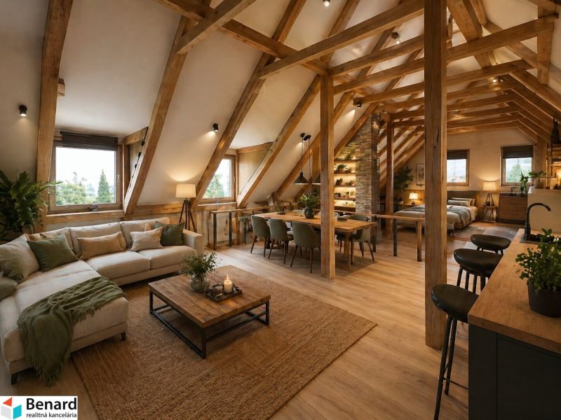 Attic space of a family house with exposed beams and a floor with a wooden decor.