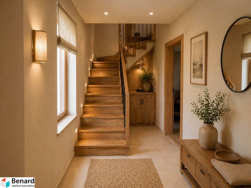 Interior of a family house with wooden stairs, furniture, and natural decorations.