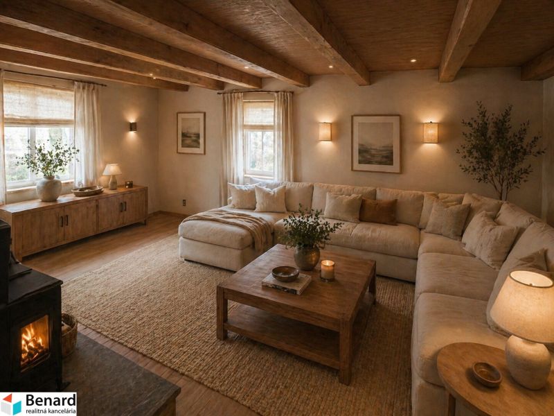 Living room in a family house with a fireplace, corner sofa, and wood-paneled ceiling.