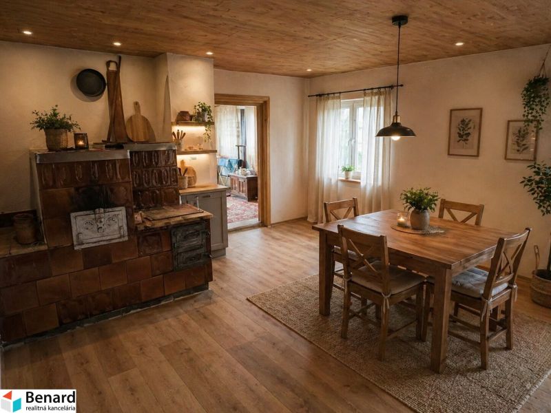 Interior of a family house with a dining table, stove, and wooden decor flooring.