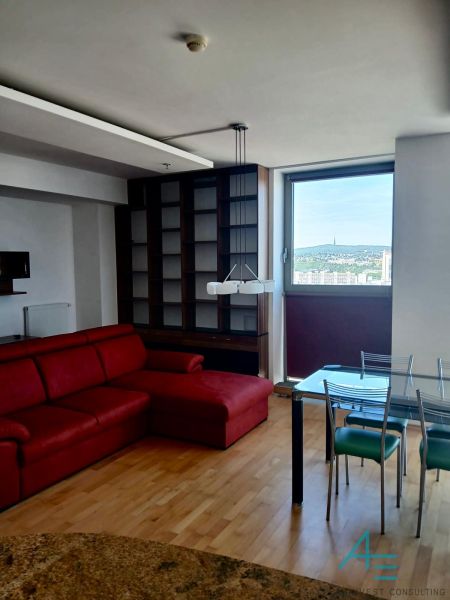 Living room in a two-room apartment with a red sofa and a wooden decor floor.
