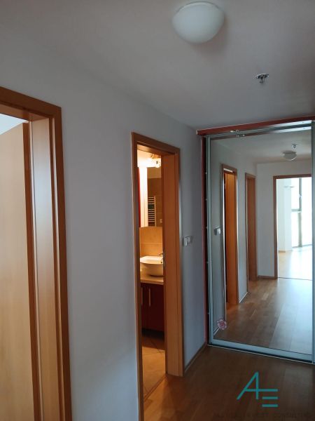 A hallway with a wooden decor floor and a mirrored wardrobe in a 2-room apartment.