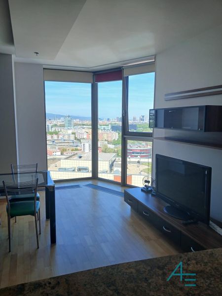 Living room in a two-room apartment with a view, wooden decor flooring, TV, dining table.