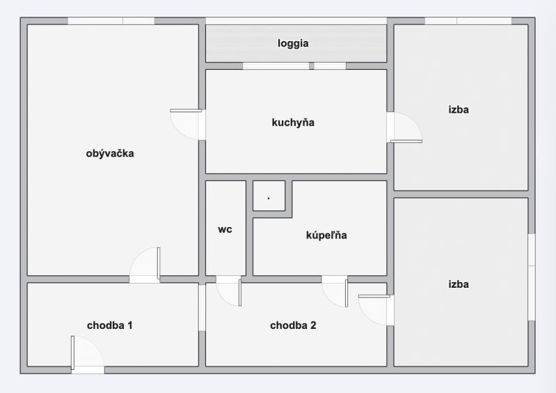 Floor plan of a 3-room apartment with a kitchen, living room, loggia, and bathroom.