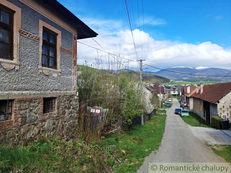 A street in the village of Heľpa with unique properties and a view of snow-covered hills.