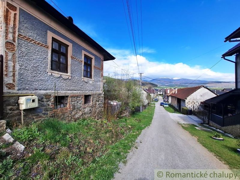 A street in Heľpa with traditional houses surrounded by nature and mountains on the horizon.