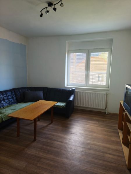 Living room in a family house with a leather sofa and a wooden decor floor.