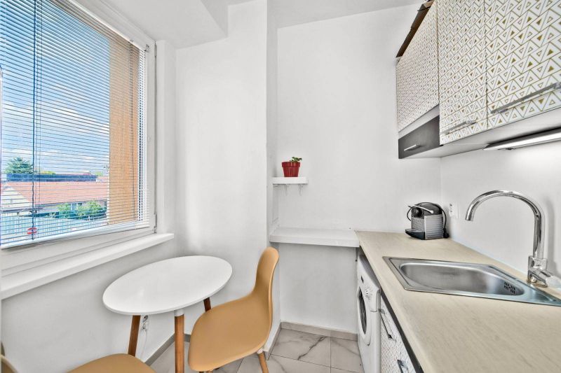 A kitchen in a 2-room apartment with a window, table, chairs, and a plant on a shelf.