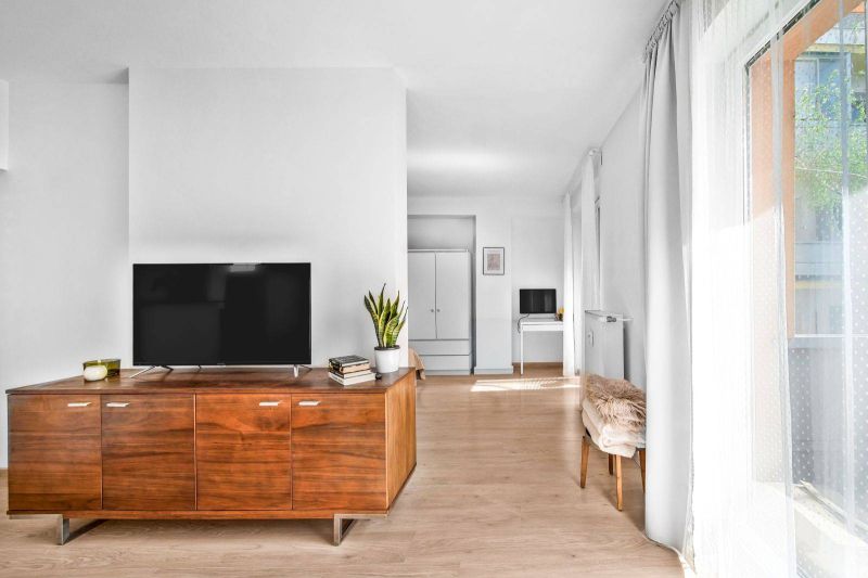 A bright living room with wood-patterned flooring and a television in a 2-room apartment.