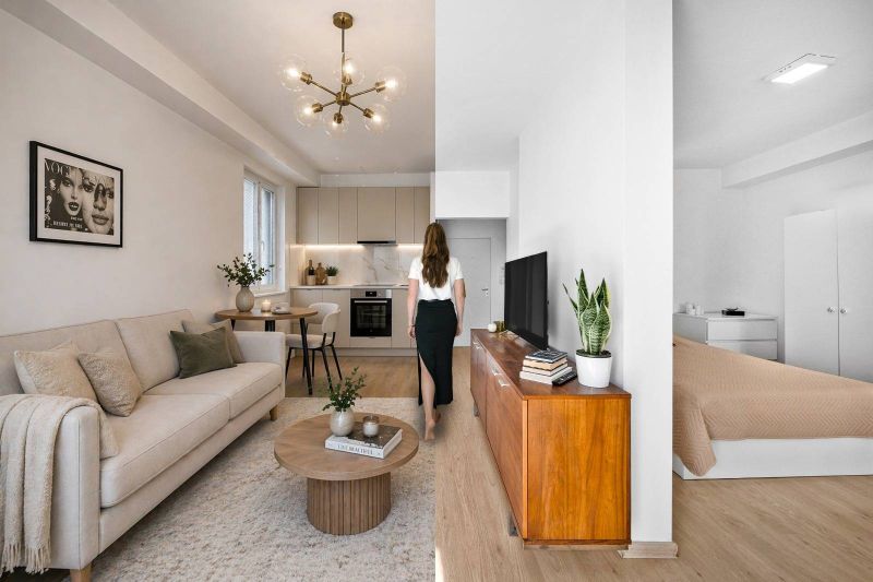 Interior of a 2-room apartment with a wooden decor floor, kitchen, and living room.