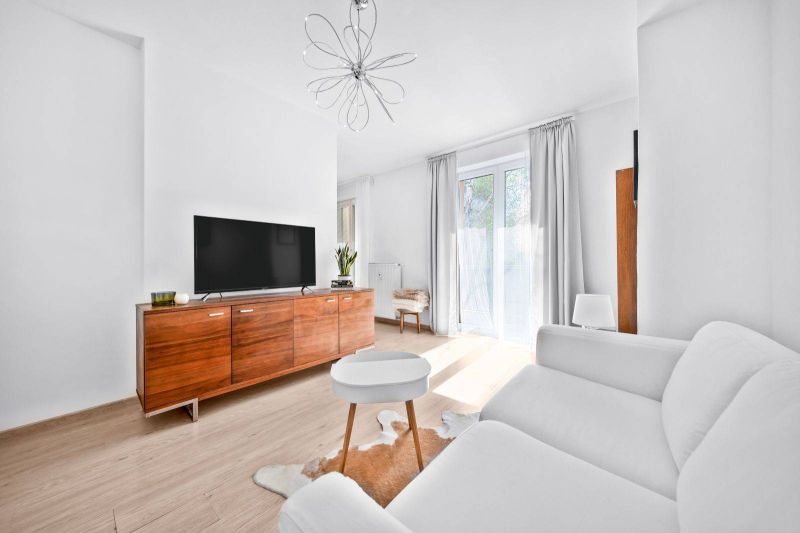 Bright living room in a 2-room apartment with wood-decor flooring and a TV.