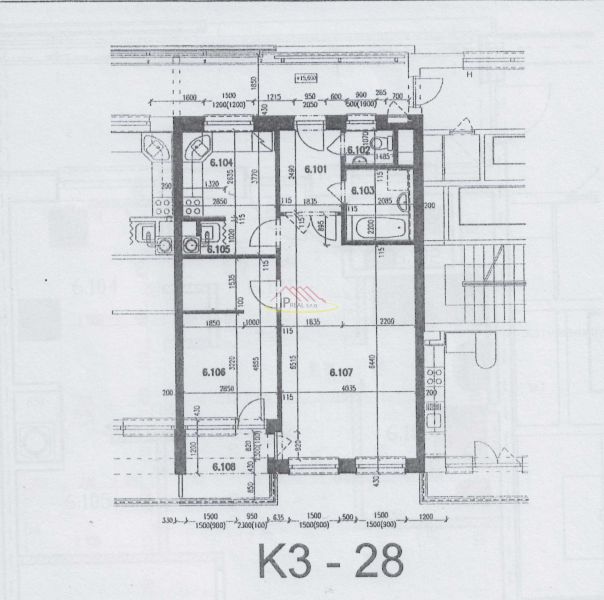 Floor plan of a 2-room apartment showing rooms and sanitary facilities.