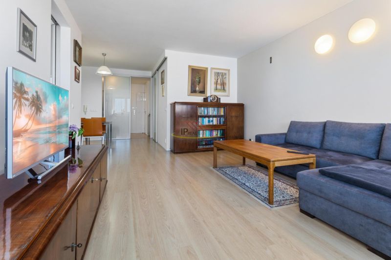 Living room in a two-room apartment with a wooden decor floor and a large sofa.